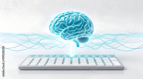 Wallpaper Mural Light blue brain hovering above keyboard with flowing data streams conveying neural interface and artificial intelligence connectivity Torontodigital.ca