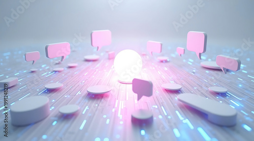 Wallpaper Mural Glowing sphere conversation hub with floating speech bubbles and digital data lines conveying abstract job market visualization and networking Torontodigital.ca