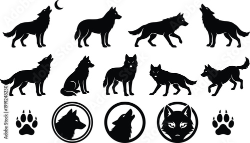 Wolf Silhouette Set with Howling Moon Wolf Head Logos and Paw Prints for Wildlife Nature Conservation and Predator Animal Branding Graphics