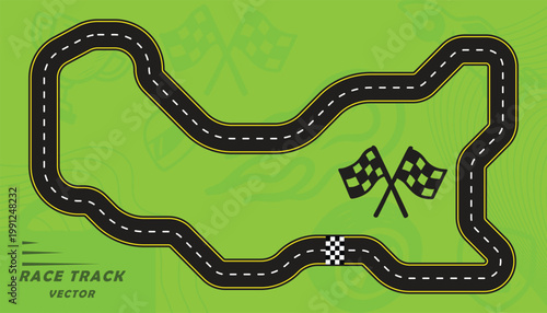 Creative vector illusion of race track or road symbol isolated on green background.