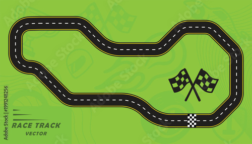 Creative vector illusion of race track or road symbol isolated on green background.