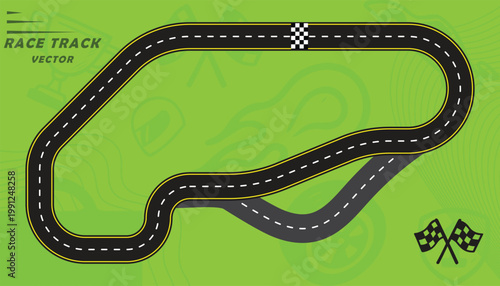 Creative vector illusion of race track or road symbol isolated on green background.