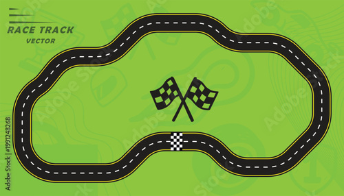 Creative vector illusion of race track or road symbol isolated on green background.