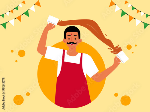 A man is making Teh Tarik, a traditional brewed tea popular in Southeast Asia. India illustrations. Flat vector concepts.