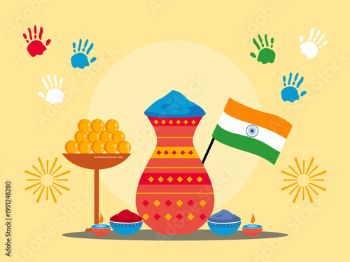 Holi celebrations, the Indian festival of colors, feature traditional elements. India illustrations. Flat vector concepts.