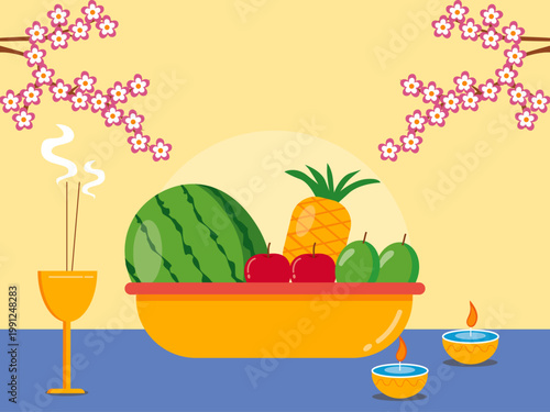 Lunar new year fruit tray. India illustrations. Flat vector concepts.