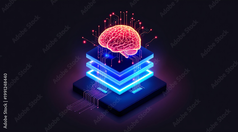 custom made wallpaper toronto digitalNeon brain layered circuit ai chip, glowing isometric brain above stacked circuit boards with connected neural nodes, futuristic tech glow