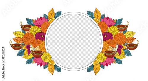 Diwali festival frame with colorful flowers and oil lamps.