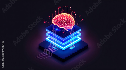 Wallpaper Mural Neon brain layered circuit ai chip, glowing isometric brain above stacked circuit boards with connected neural nodes, futuristic tech glow Torontodigital.ca