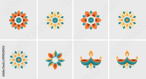 Set of colorful Diwali Rangoli patterns and Diya oil lamp icons.