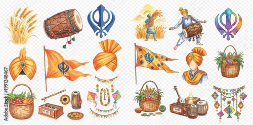 Vibrant watercolor set of Sikh culture and Baisakhi festival elements, including turbans, flags, drums, and traditional decorations.
