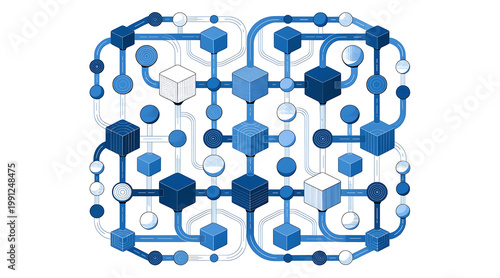 Wallpaper Mural Isometric floating system of data pipelines cubes network nodes blockchain architecture digital flow circuitry blue tones modern tech connectivity Torontodigital.ca