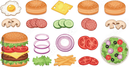 Burger ingredients set with bun cheese meat vegetables and toppings fast food flat vector illustration collection isolated design