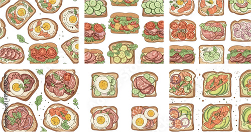 Assorted toast and sandwich patterns with eggs meat vegetables breakfast food collection seamless flat vector illustration set