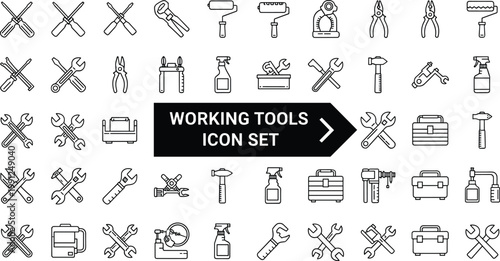 Working Tools Icon Set Featuring Line Art Vector Illustrations of Wrench Hammer Screwdriver Pliers Paint Roller and Toolbox for Hardware and Repair Services