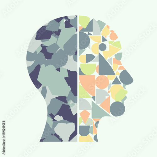 Abstract human head profile divided into two contrasting geometric patterns representing duality of mind.
