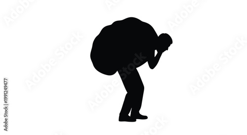 A struggling individual carrying an immense, heavy sack on their back, symbolizing burden, effort, and stress in a powerful vector illustration graphic design.