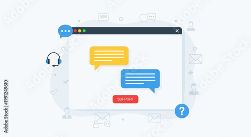 Online customer support chat interface with web browser and speech bubbles illustration.