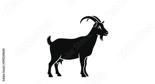 A stylized vector graphic illustration of a standing domestic goat with prominent horns and an udder, presented as a sleek animal design concept.