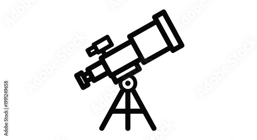 Line art vector graphic illustration depicting a classic astronomical telescope with an eyepiece and sturdy tripod for stargazing exploration and scientific observation.