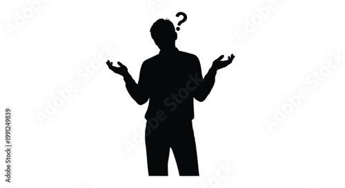 A compelling vector graphic illustration depicting a dark silhouette of an individual shrugging with open hands, pondering a dilemma indicated by a floating question mark.