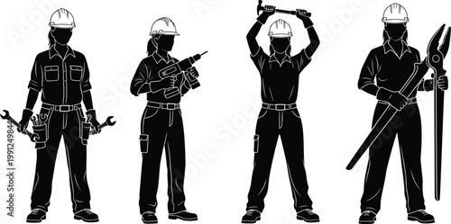 Vector silhouette of female construction workers, women engineers with tools, technicians holding drills and wrenches, and professional female builders working