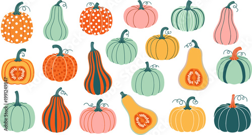 Vector Set of Colorful Pumpkins and Gourds with Different Shapes and Patterns for Fall, Harvest, and Autumn Illustrations