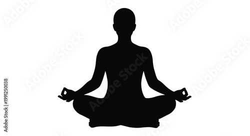 Minimalist vector graphic illustration of a person sitting in a lotus position representing mindfulness and meditation practice for modern wellness and healthy living design concepts