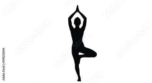 A serene black vector illustration graphic of a woman performing the tree pose in yoga, showcasing balance, mindfulness, and healthy lifestyle design elements.