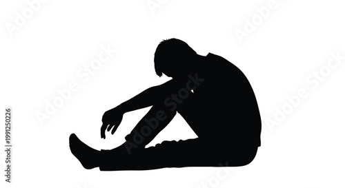Minimalist black vector graphic illustration depicting a depressed young man sitting on the floor in a slumped posture expressing deep sadness or emotional distress during life