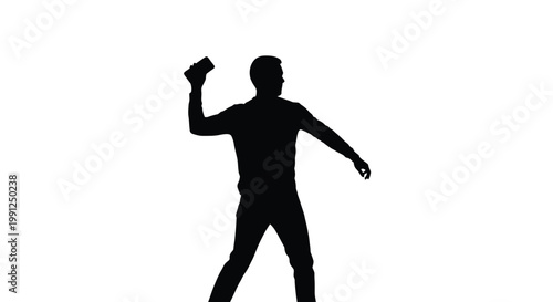 Minimalist vector graphic illustration featuring a silhouette of a man in a dynamic pose while holding and preparing to throw a small object forward forcefully
