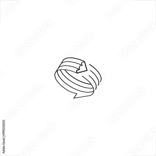This illustrative line-art logo combines a rotating pencil, paper, and chat bubble niche for the education industry, featuring a modern flat style ideal for branding collaborative writing and comm