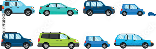 Car collection with different vehicle types including sedan suv hatchback and compact cars flat transport illustration set isolated