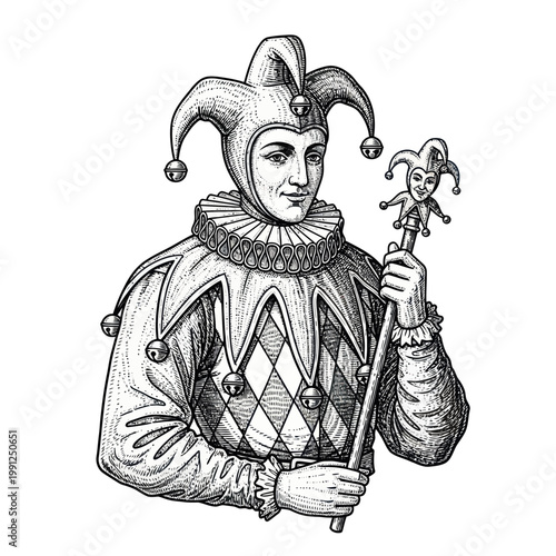 Jester holding a scepter, black and white sketch on white background