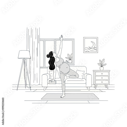 Pregnant Woman Practicing Yoga in Tree Pose at Home