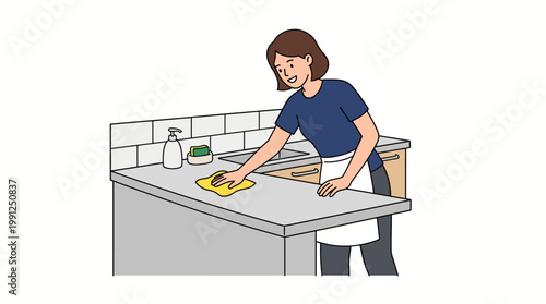 Smiling woman in apron wiping kitchen countertop with a yellow cloth