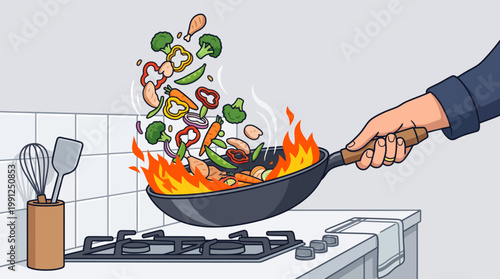 Chef hand tossing fresh vegetables and chicken in a flaming wok on a kitchen stove