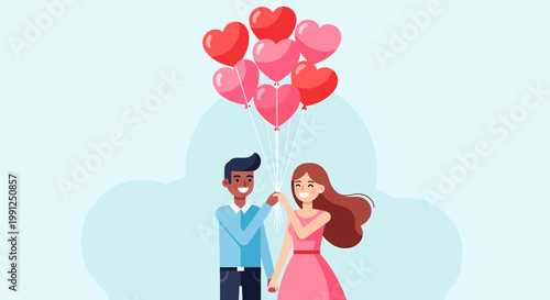 Couple holding heart shaped balloons together.