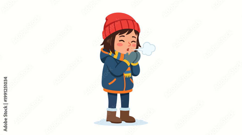 Fototapeta premium Little girl in winter clothes blowing on her hands to keep warm