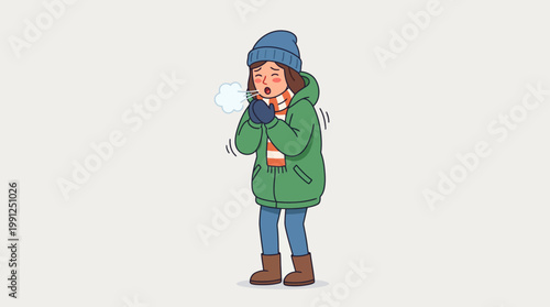 Woman in winter jacket shivering and blowing on her hands in the cold