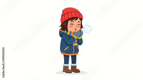 Little girl in winter clothes blowing on her hands to keep warm