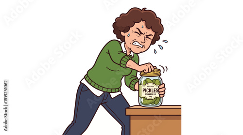 Frustrated woman struggling to open a stubborn pickle jar lid