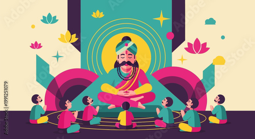 Indian Guru Teaching Disciples in a Traditional Gurukul Setting Vector Illustration.