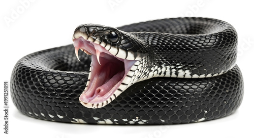 A black rat snake coiled on a white surface with its mouth wide open showing fangs