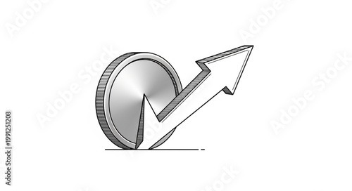 Hand drawn illustration of a coin with an upward trending arrow symbolizing financial growth.