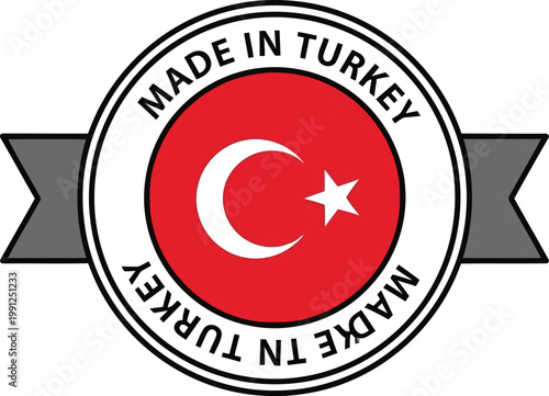 Made in Turkey label with flag and crescent moon symbol for product origin and quality guarantee