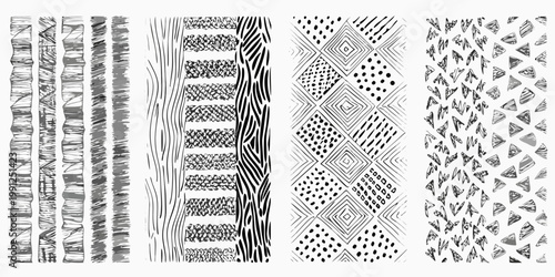 A collection of six vertically oriented hand drawn black and white patterned stripes