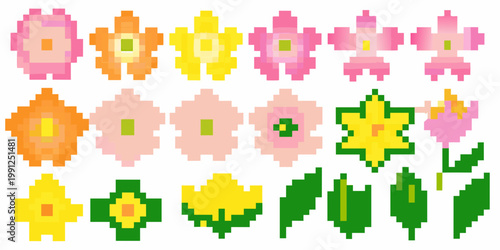 A collection of brightly colored pixelated flower designs arranged in rows