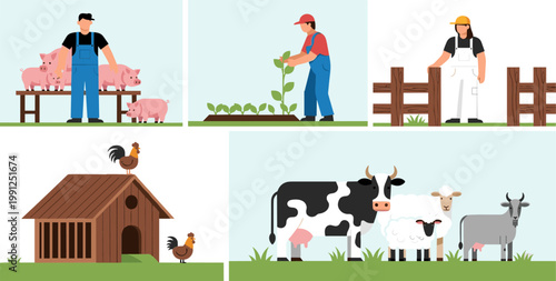 Farm Life and Agriculture Illustration Set Featuring Farmers with Livestock, Crop Cultivation, Chicken Coop, and Dairy Animals for Rural Farming and Agricultural Design