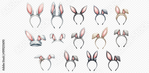 Set of cute bunny ears headbands, perfect for Easter celebrations and costume parties, isolated on transparent background.